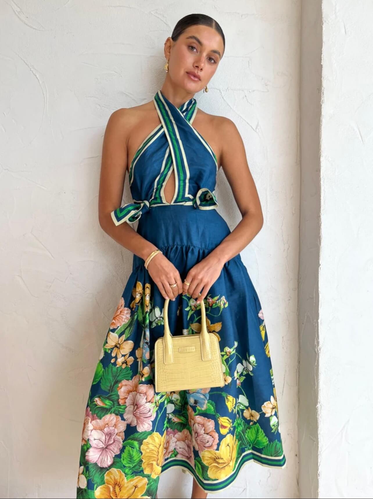 chiffon halter bridesmaid dress Simple A-line Dusty Blue Chiffon Halter Long Custom Bridesmaid Dresses –  MarryLover main image 1