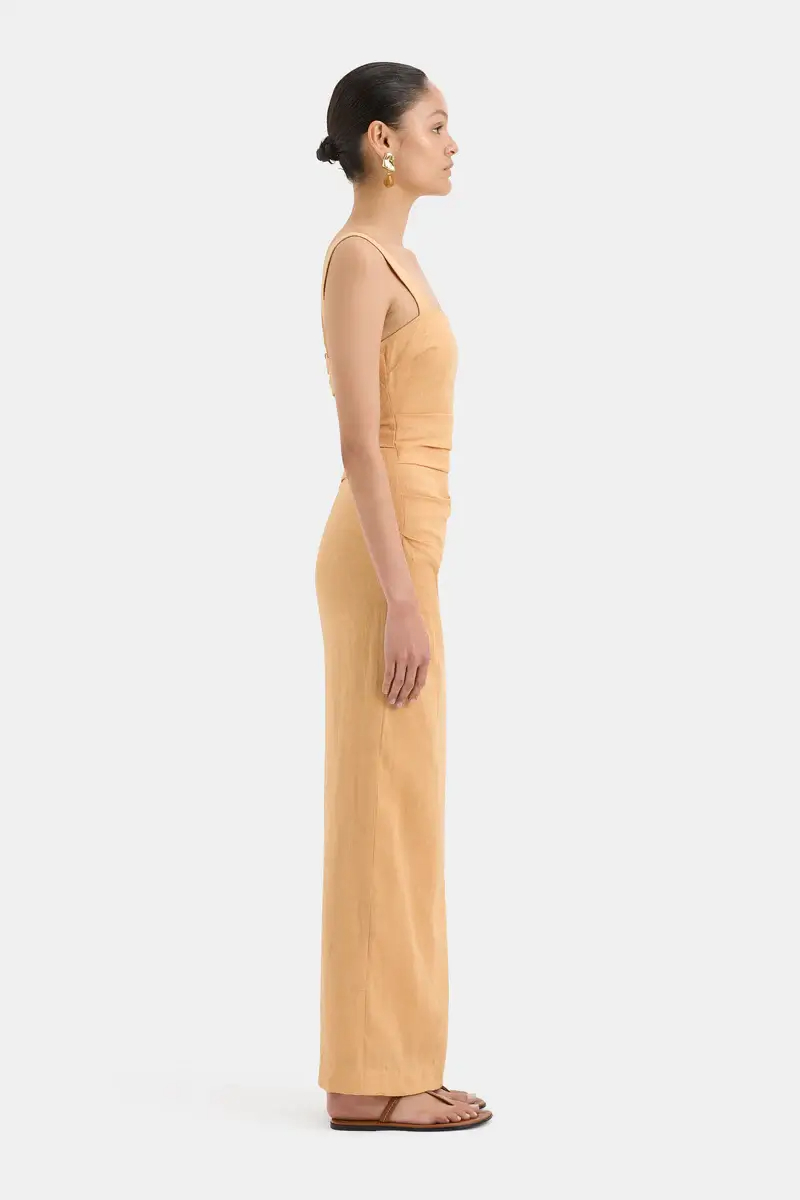 tiered long sleeve midi dress Tie Neck Long Sleeve Midi Tiered Dress Ochre / L