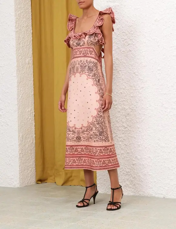 Zimmermann Matchmaker Frilled Midi Dress Pink Bandana Size 0