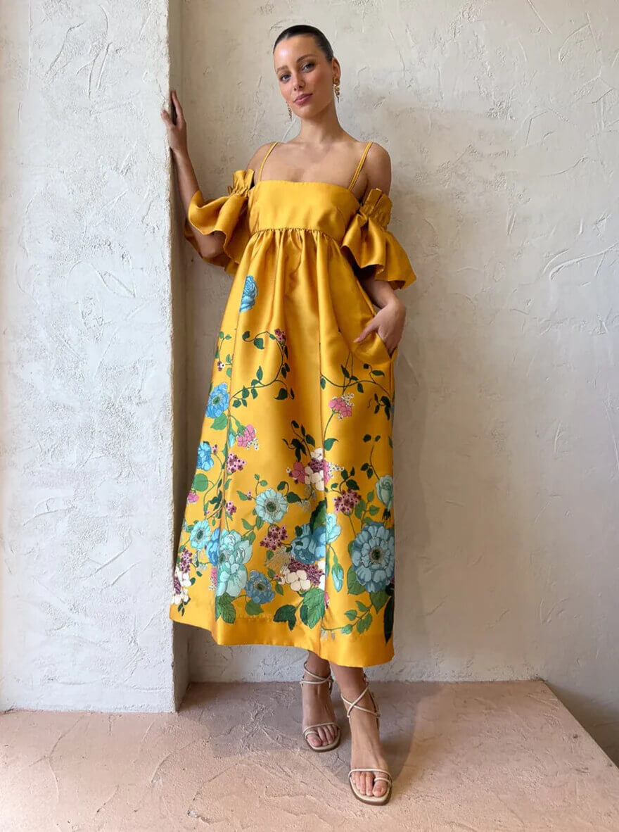 alemais dana midi dress in marigold Swooning over the lovely Louise in our Alemais Dana Midi Dress.   @1.2biglou_again this dress was made for you!  #designerdresses #designer  #townsvilledresshire #dresshire #dresshiretownsville #dresshireaustralia  #dresshireau