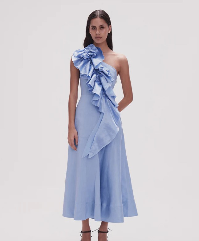 knee length dresses for ladies Adelia Ruffle Midi Dress | Bougainvillea Red main image 1