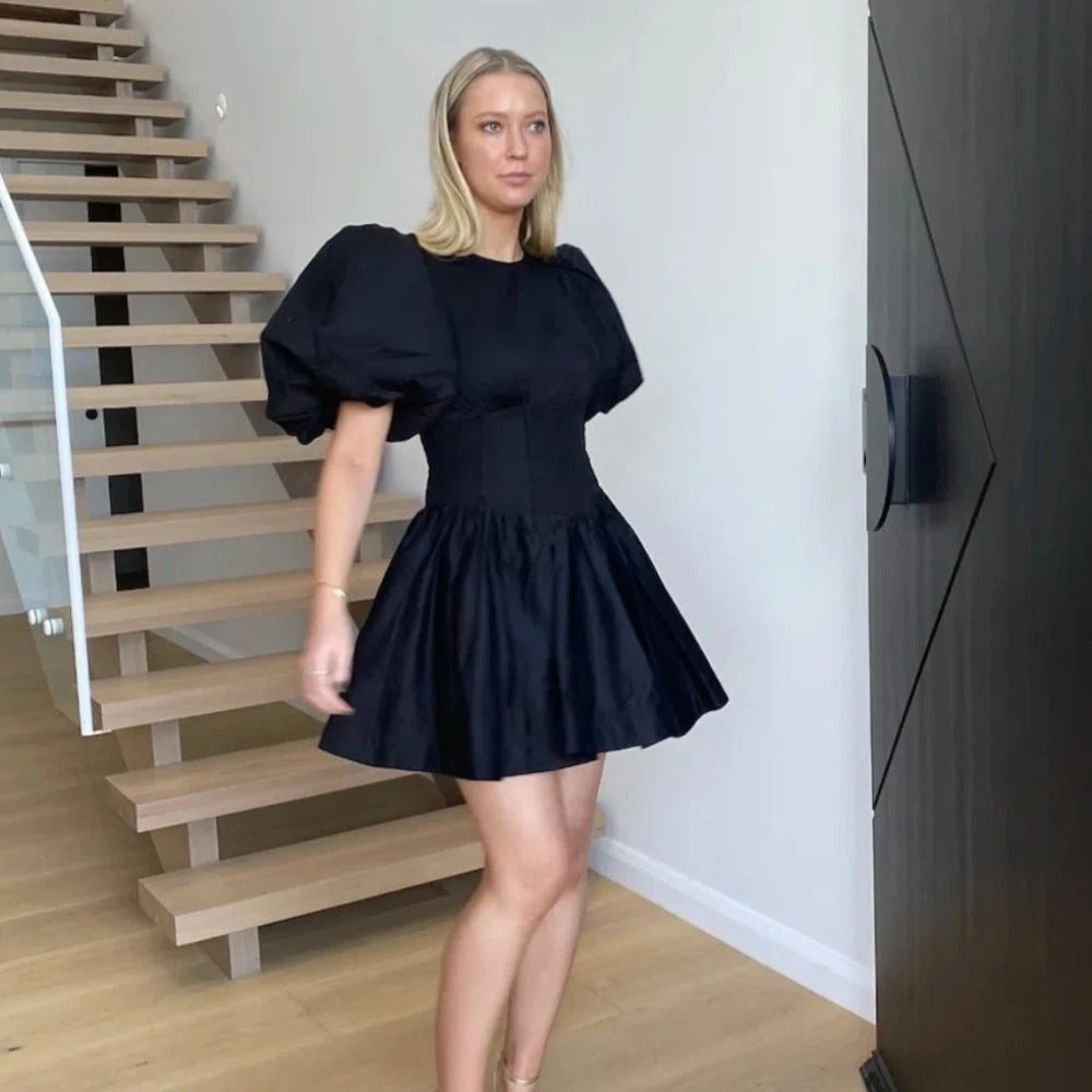 aje black puff sleeve dress Casa Puff Sleeve Midi Dress-BLACK / 4