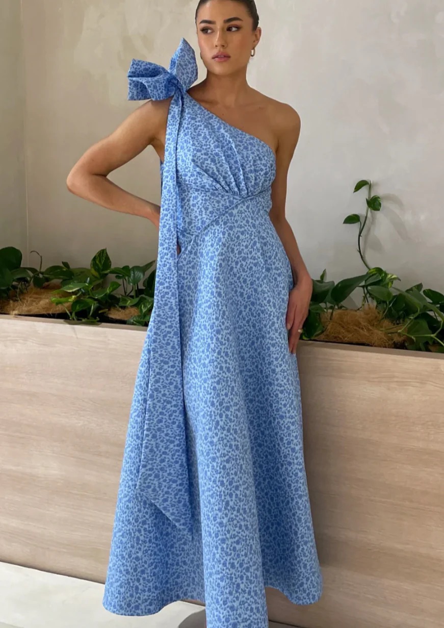 rachel gilbert blue dress Rachel Gilbert Monique Sky Blue Tucked Off Shoulder Gown