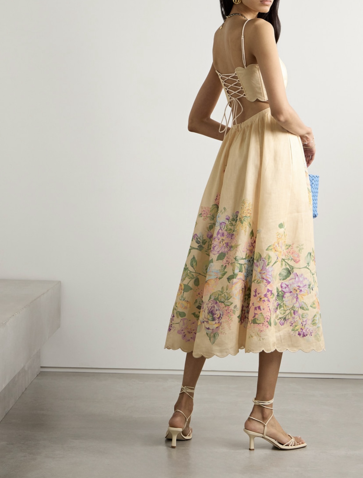 knee length dresses for ladies Zimmermann Halliday Scallop Midi Dress in Cream Watercolour Floral Siz main image 0