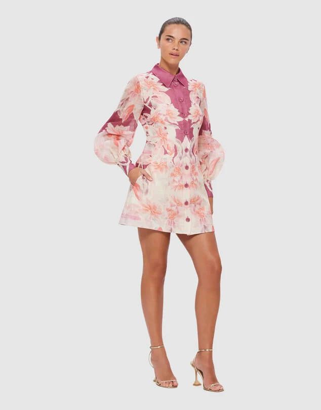 Leo Lin Luminous Silk Linen Mini Dress Orient Print in Hibiscus Pink Size 10