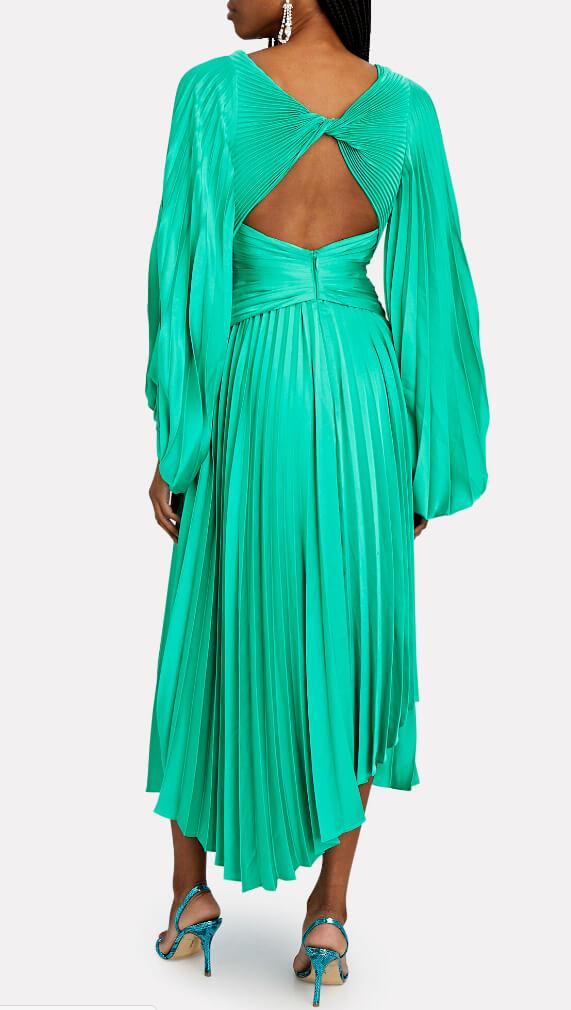 palms pleated satin midi dress Acler Palms Metallic Pleated Midi Dress