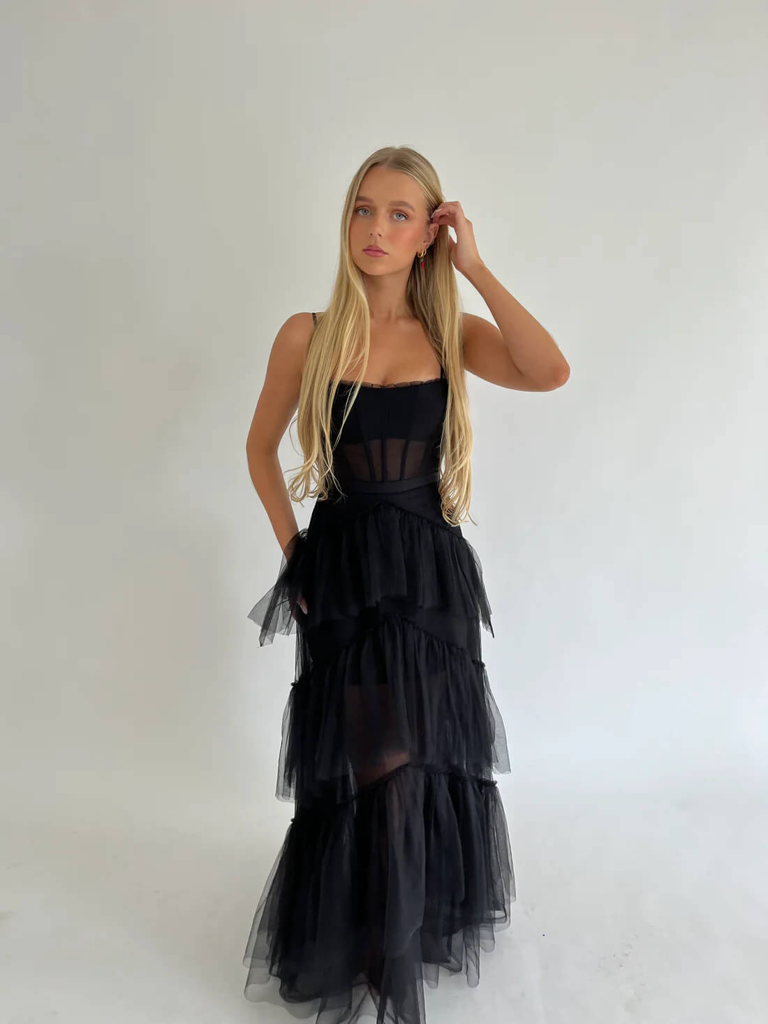 bcbg black tulle dress Oly Tiered Ruffle Tulle Evening Gown Black / 14 main image 0
